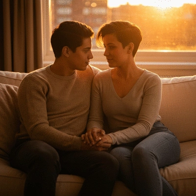Couple engaged in a calm premarital counseling session with a therapist