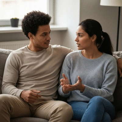 Couple sitting on a sofa, having a serious but calm conversation, representing effective communication