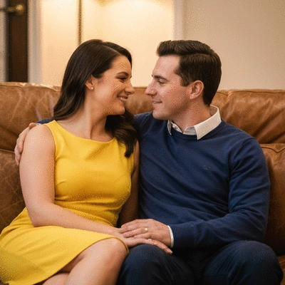 Couple sitting on a sofa, looking at each other, one partner speaking calmly and the other listening attentively with a focused expression, representing effective communication and conflict resolution