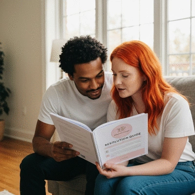 Couple holding a workbook titled 'Relationship Conflict Resolution Guide' with a pen, sitting at a table with coffee, engaged in a peaceful discussion, representing structured approach to de-escalation