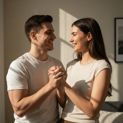 Couple holding hands, symbolizing reconnection and trust, in a warm, inviting setting, no text, no words, no typography, 8K