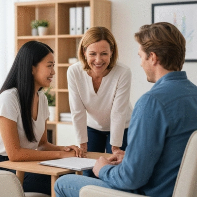Couple discussing with a therapist, warm and inviting atmosphere