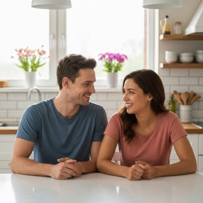 Couple happily discussing relationship, looking at each other gently