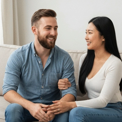 Happy couple in premarital counseling session, actively listening to each other