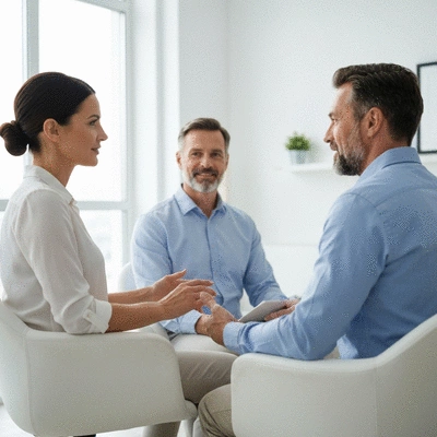 Couple engaged in marriage counseling with a therapist, focused and communicating