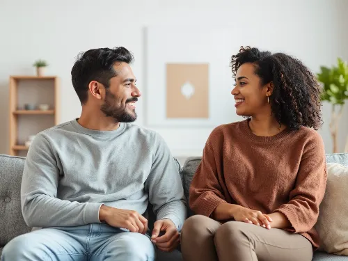 Couple engaged in active listening and clear communication in a modern setting