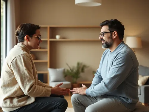 Couple learning conflict de-escalation techniques with a coach