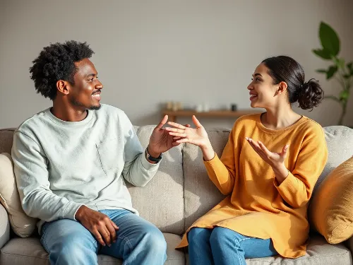 Couple engaging in calm conflict resolution at home