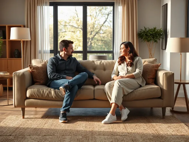 Couple receiving relationship coaching, sitting on a modern sofa