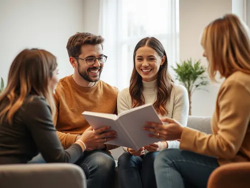 Happy couple engaged in premarital counseling